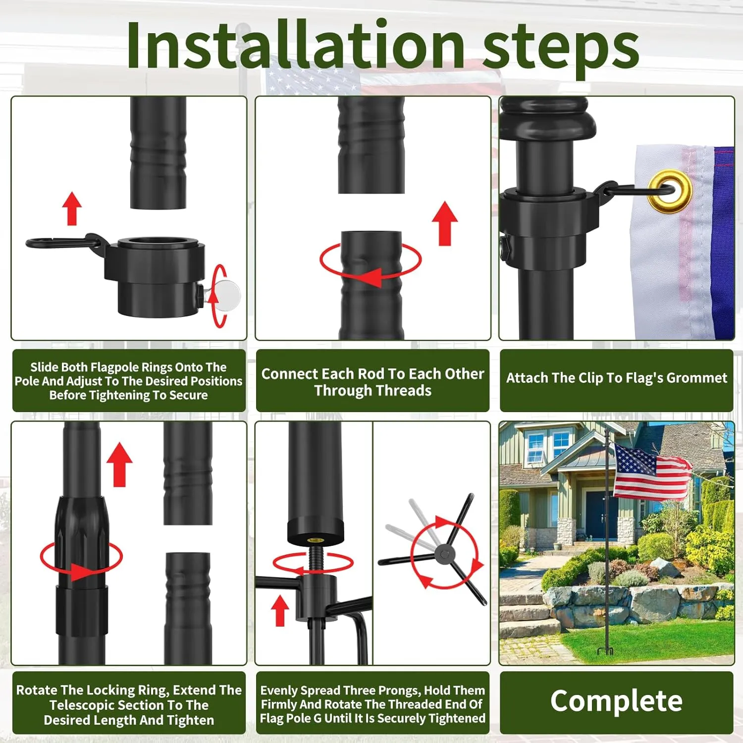 10 FT Black Heavy Duty Flag Poles Outside in Ground with 4 Pronges Base, Extra Thick Rust-Proof Flag Pole Kit for Yard Outdoor Garden Decor Residential Commerical (2 Pack,No Flag Included)