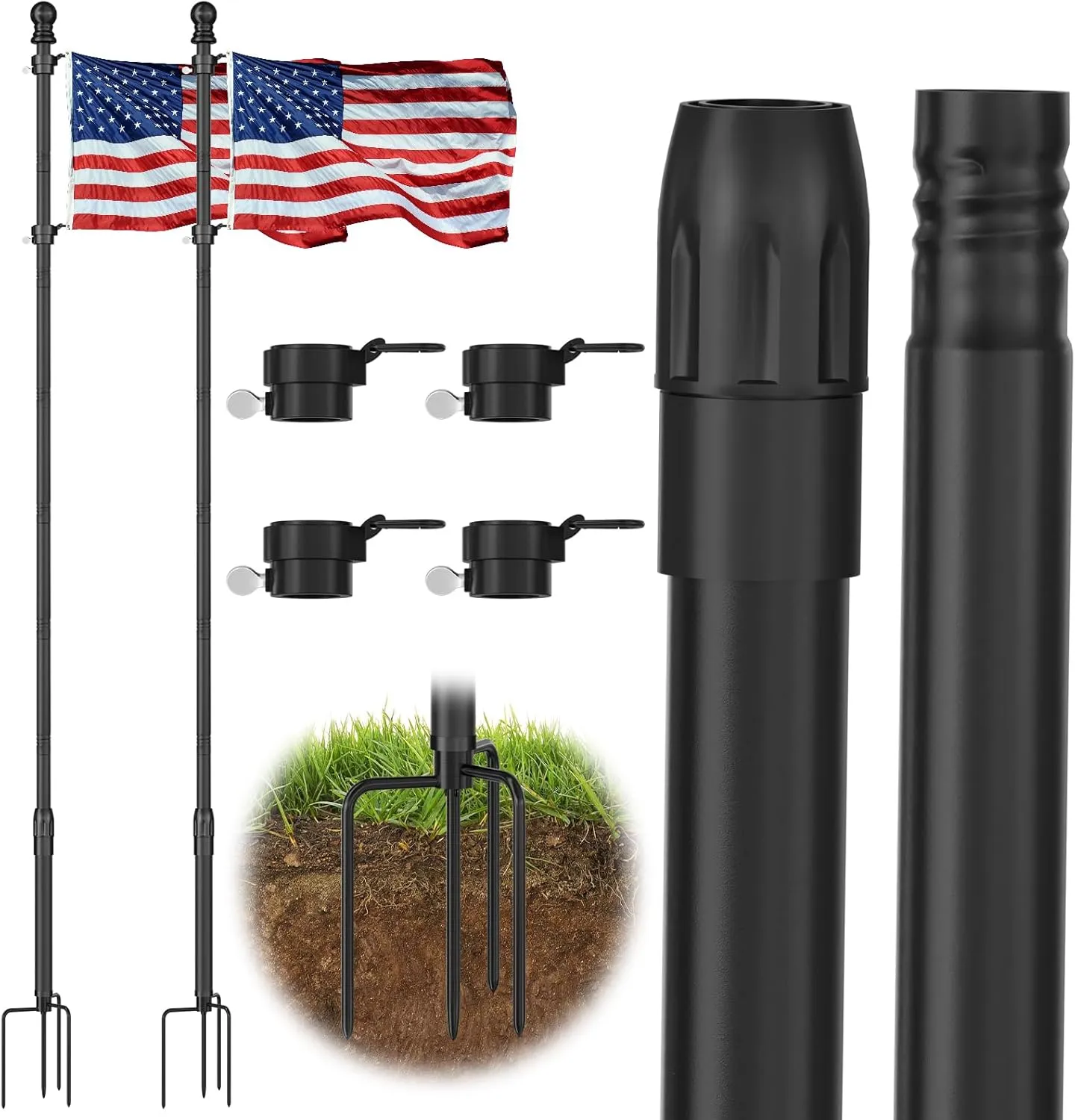 10 FT Black Heavy Duty Flag Poles Outside in Ground with 4 Pronges Base, Extra Thick Rust-Proof Flag Pole Kit for Yard Outdoor Garden Decor Residential Commerical (2 Pack,No Flag Included)