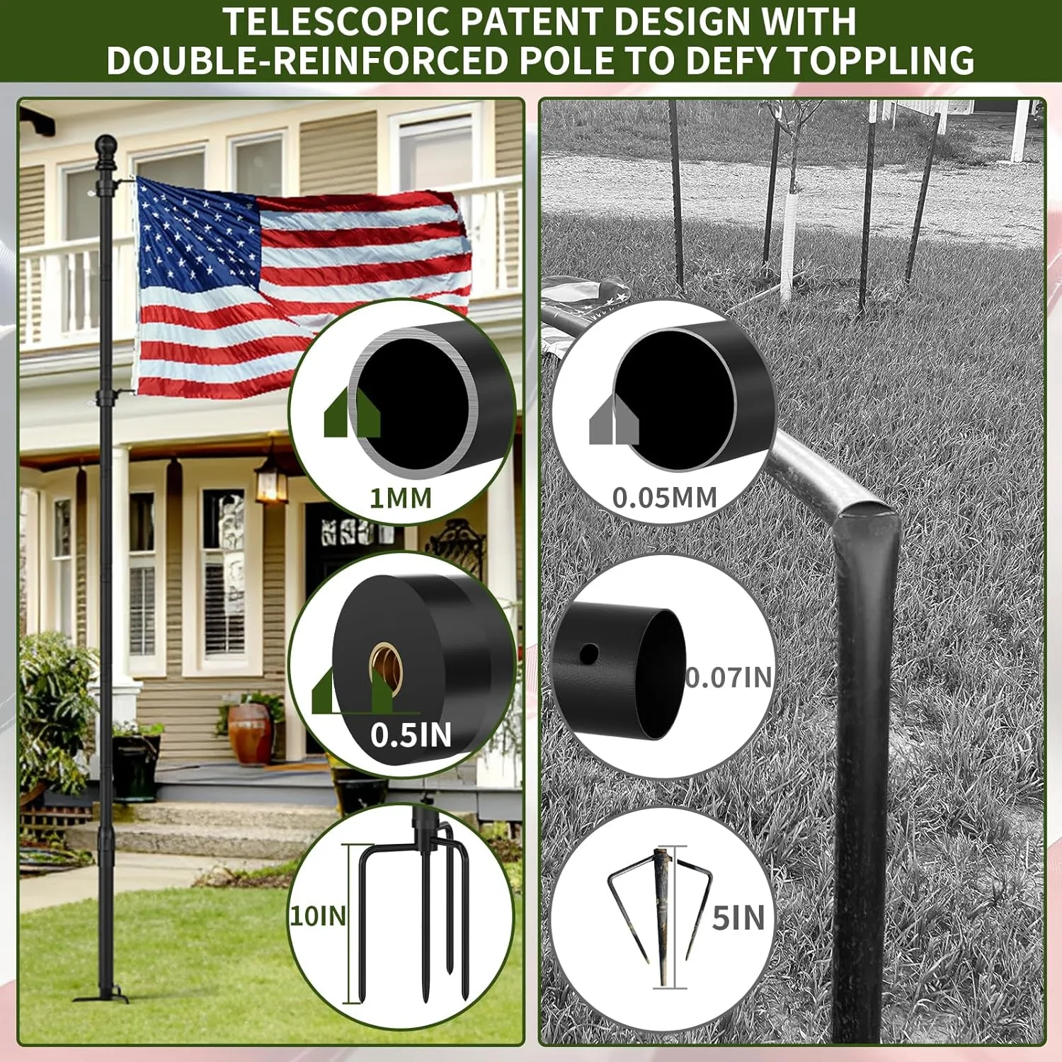 10 FT Black Heavy Duty Flag Poles Outside in Ground with 4 Pronges Base, Extra Thick Rust-Proof Flag Pole Kit for Yard Outdoor Garden Decor Residential Commerical (2 Pack,No Flag Included)