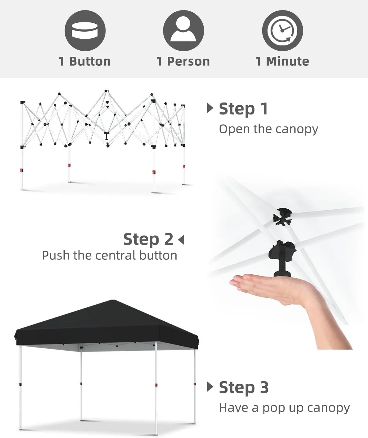 10x10 Pop Up Canopy with One Button Push Setup - Heavy Duty Outdoor Canopy Tent with Portable Roller Bag - 3 Adjustable Height, 4 Weight Bags, 8 Stakes & 4 Guy Ropes Included, Black
