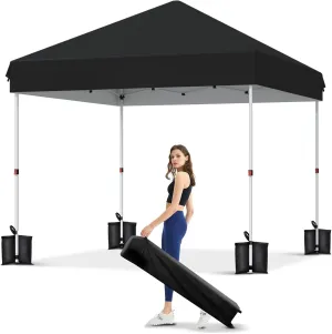 10x10 Pop Up Canopy with One Button Push Setup - Heavy Duty Outdoor Canopy Tent with Portable Roller Bag - 3 Adjustable Height, 4 Weight Bags, 8 Stakes & 4 Guy Ropes Included, Black