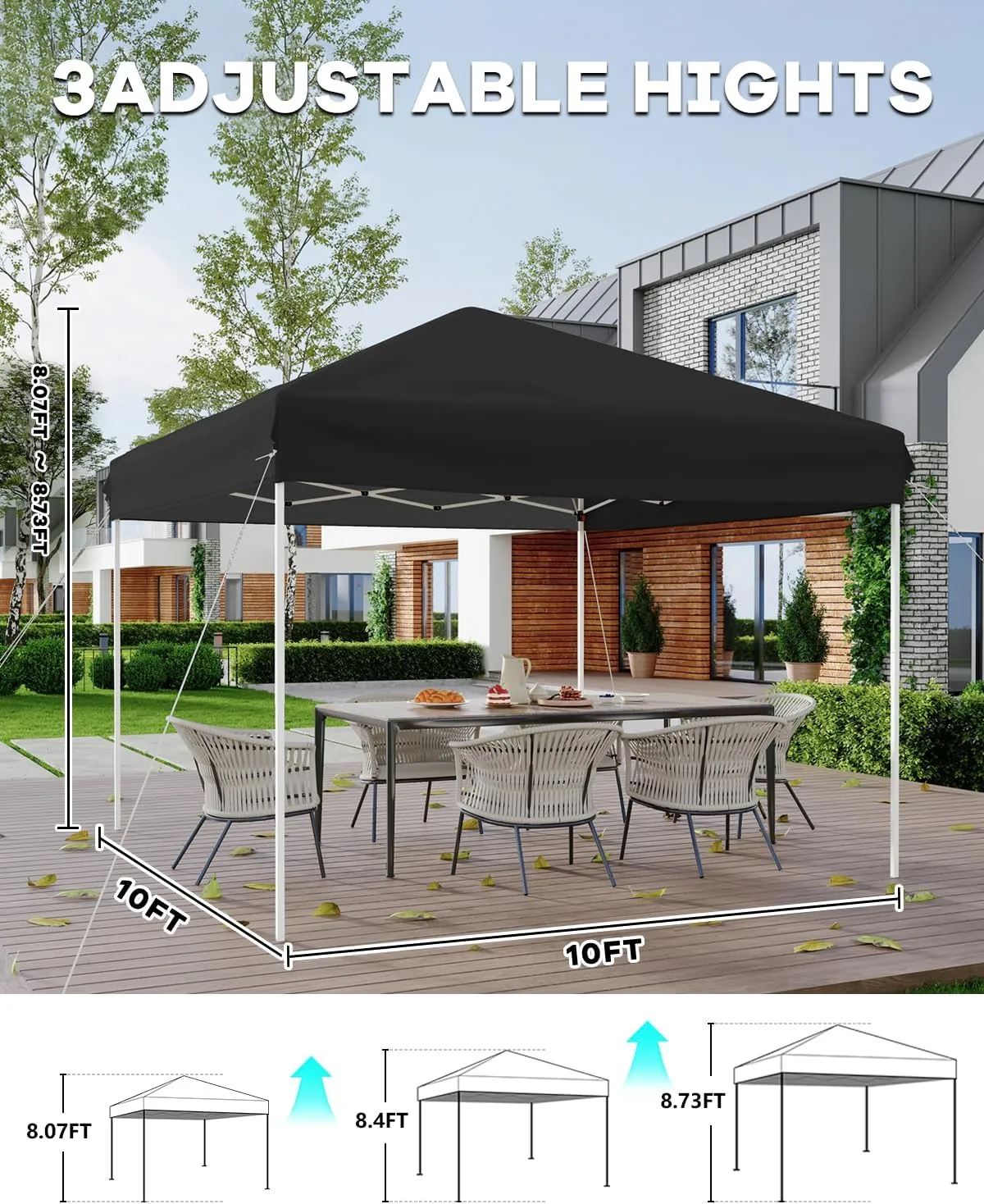 10x10 Pop Up Canopy with One Button Push Setup - Heavy Duty Outdoor Canopy Tent with Portable Roller Bag - 3 Adjustable Height, 4 Weight Bags, 8 Stakes & 4 Guy Ropes Included, Black