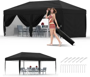 10x20 Pop Up Canopy with 6 Sidewalls - Heavy Duty Outdoor Canopy Tent with Portable Roller Bag - 3 Adjustable Height, 4 Weight Bags, 8 Stakes & 6 Guy Ropes Included, Black
