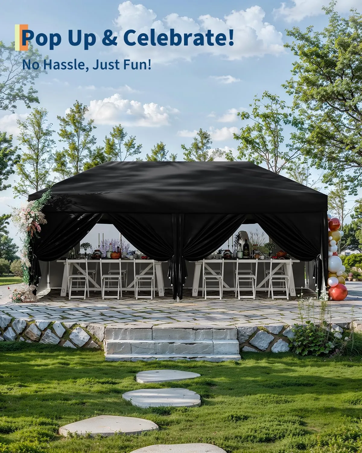 10x20 Pop Up Canopy with 6 Sidewalls - Heavy Duty Outdoor Canopy Tent with Portable Roller Bag - 3 Adjustable Height, 4 Weight Bags, 8 Stakes & 6 Guy Ropes Included, Black