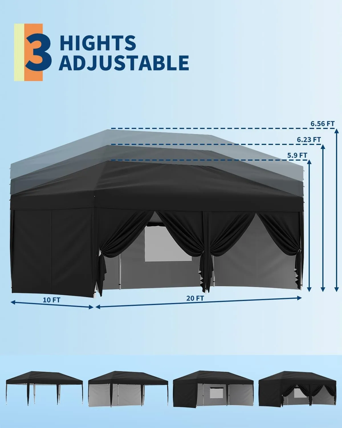 10x20 Pop Up Canopy with 6 Sidewalls - Heavy Duty Outdoor Canopy Tent with Portable Roller Bag - 3 Adjustable Height, 4 Weight Bags, 8 Stakes & 6 Guy Ropes Included, Black