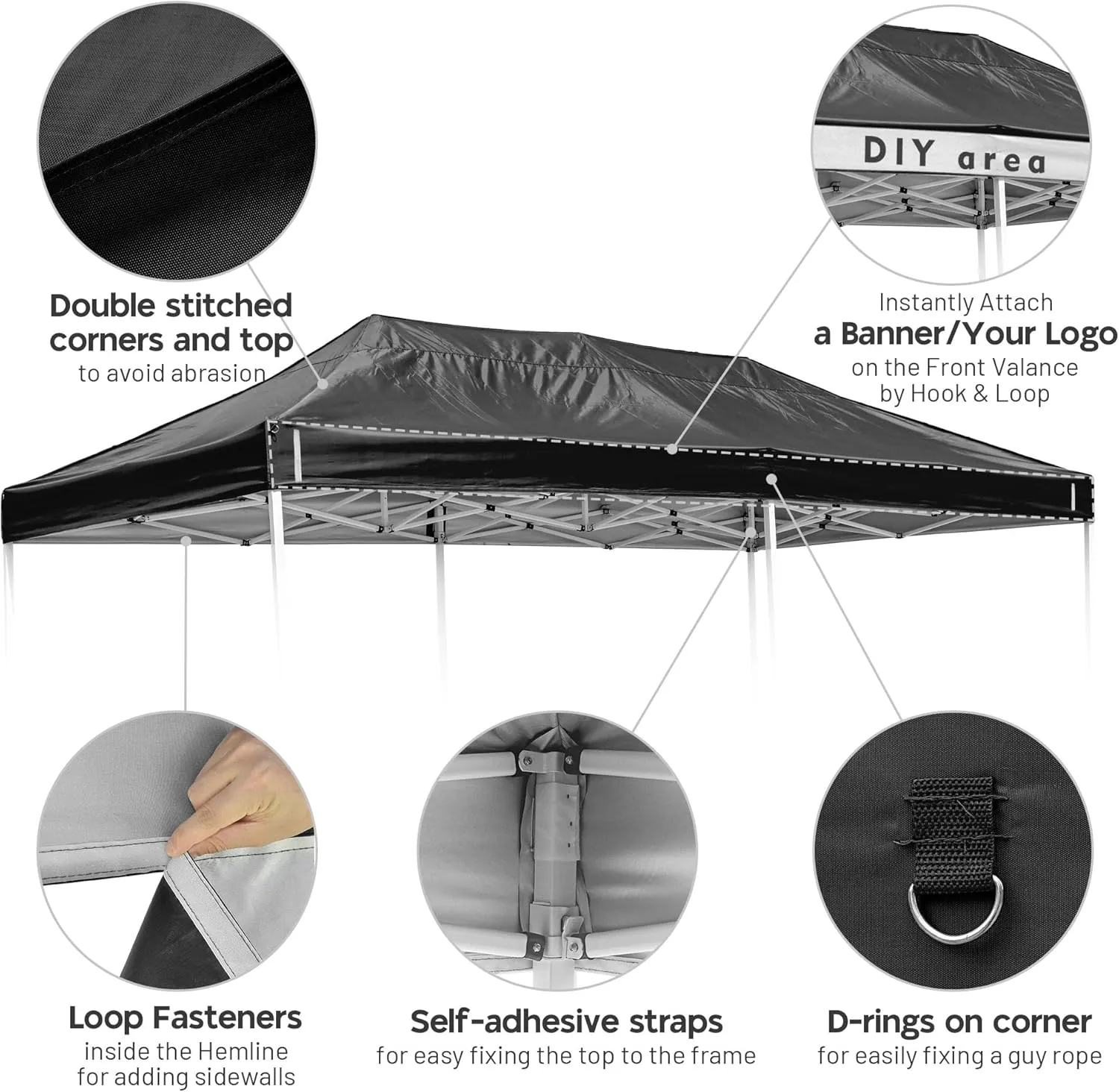10x20Ft Canopy Top Replacement Fit for 9.6 * 19.1Ft Canopy Tent Top Cover UV Protection for Patio Outdoor Yard Home Camping Party 20x10Ft Black