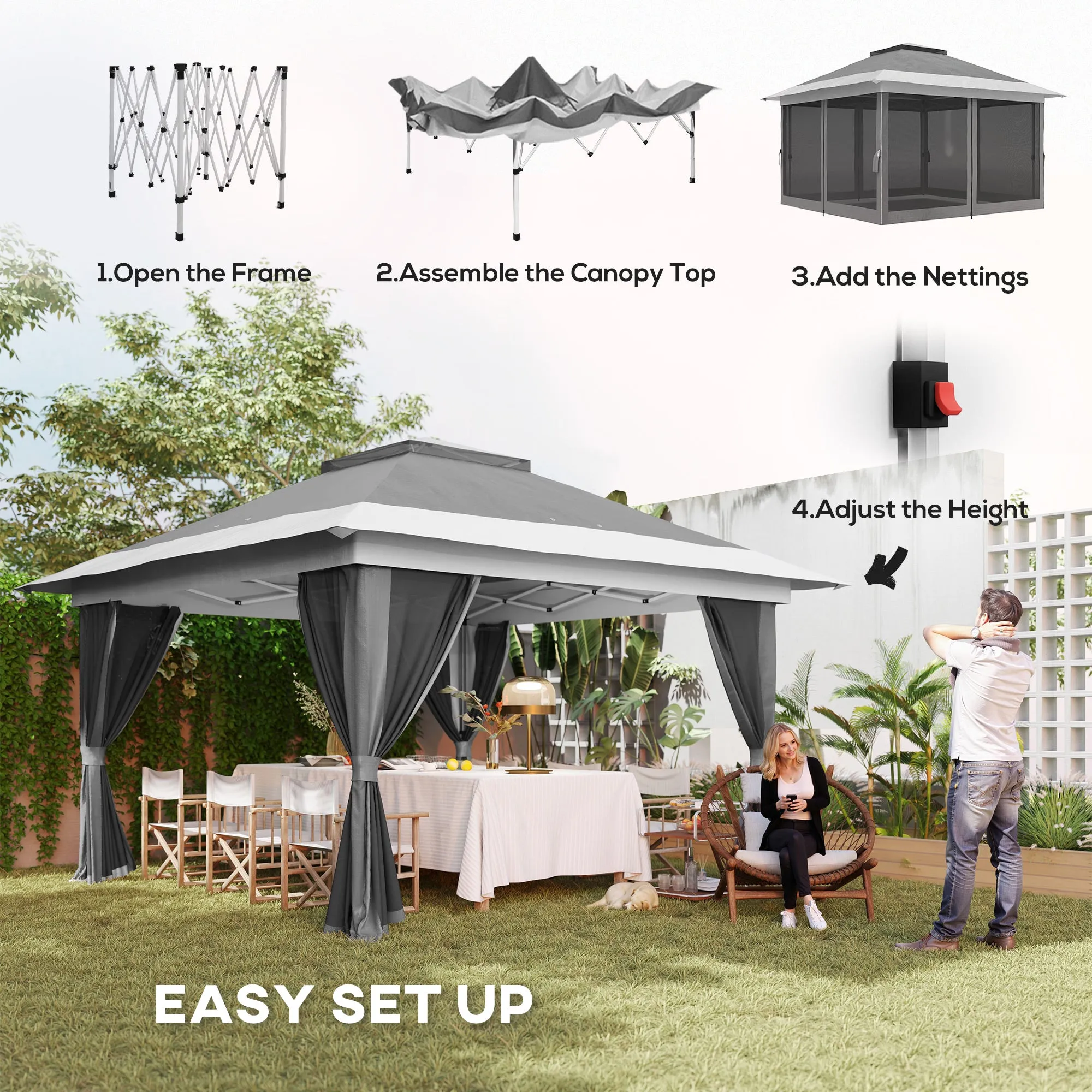 11.7' x 11.7' Pop-Up Canopy with Netting, UPF50  Shelter with Wheeled Carry Bag and Sand Bags