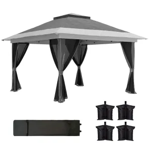 11.7' x 11.7' Pop-Up Canopy with Netting, UPF50  Shelter with Wheeled Carry Bag and Sand Bags