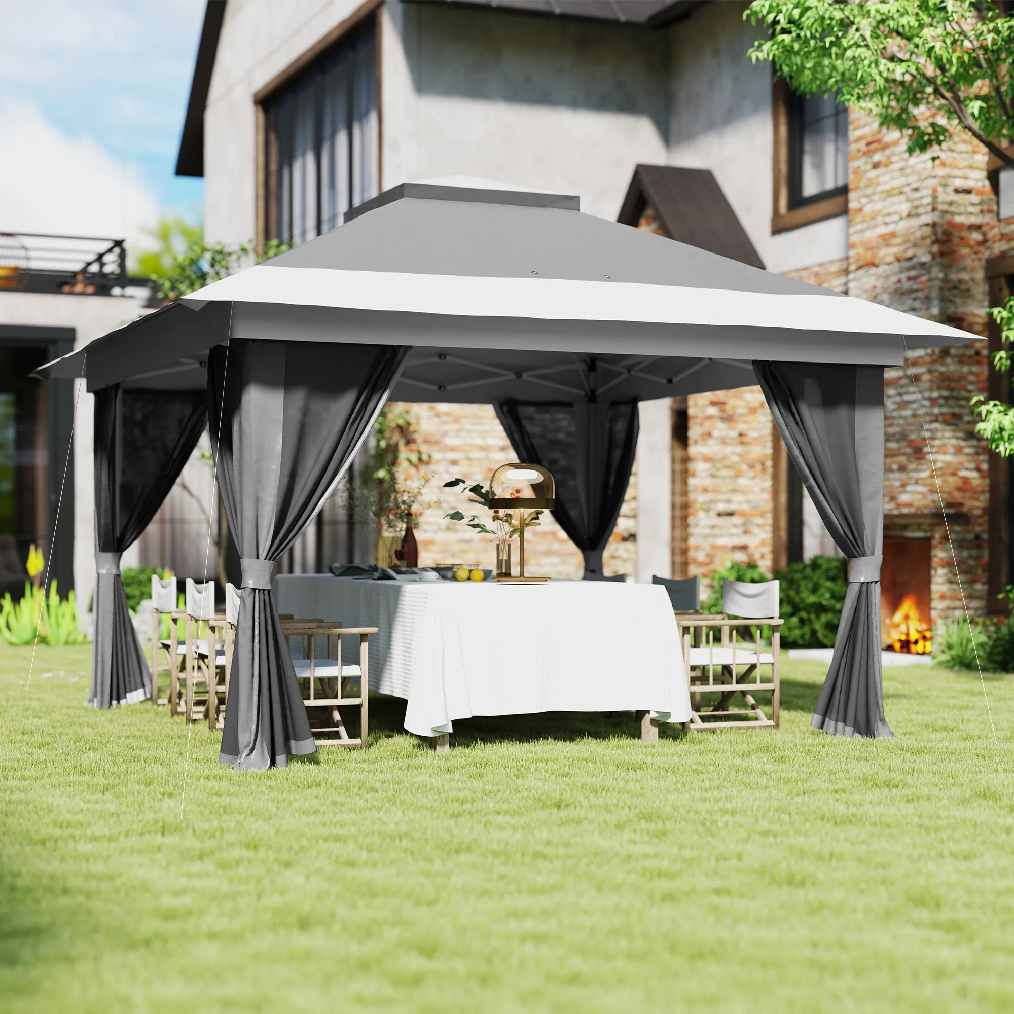 11.7' x 11.7' Pop-Up Canopy with Netting, UPF50  Shelter with Wheeled Carry Bag and Sand Bags