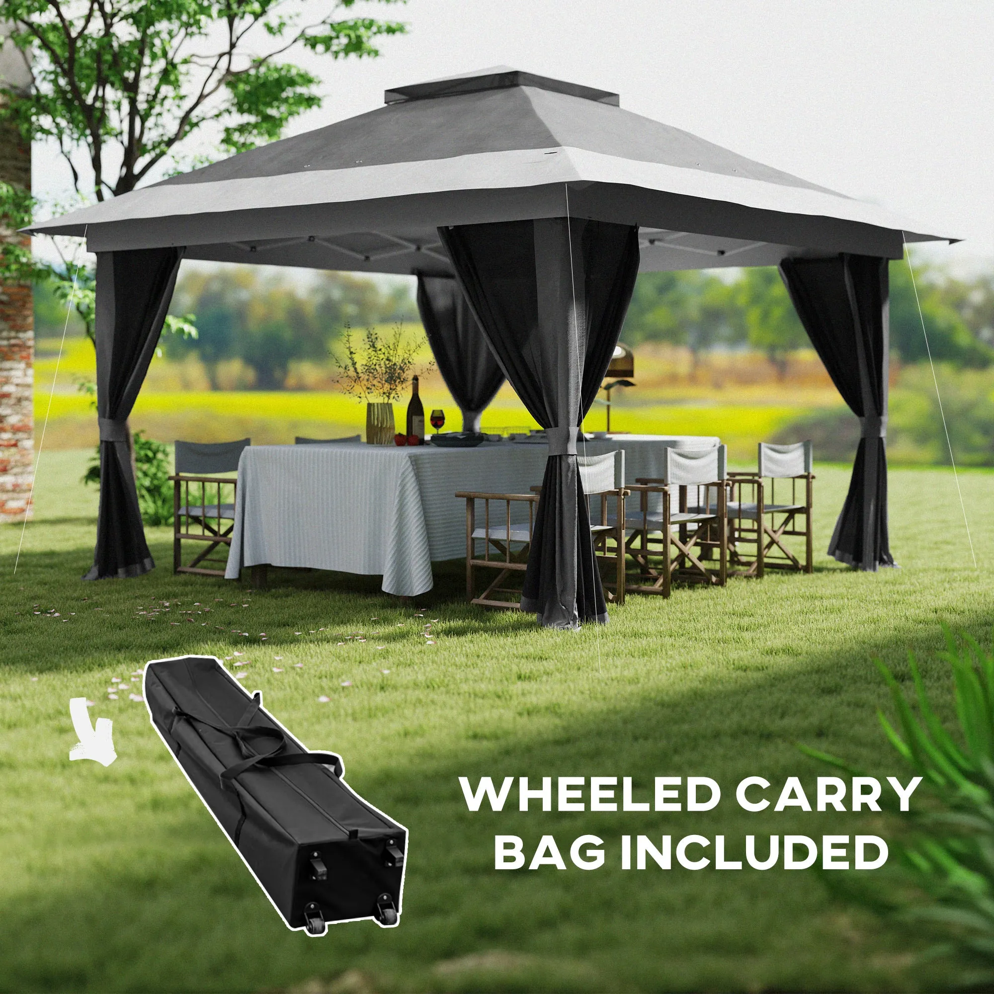 11.7' x 11.7' Pop-Up Canopy with Netting, UPF50  Shelter with Wheeled Carry Bag and Sand Bags