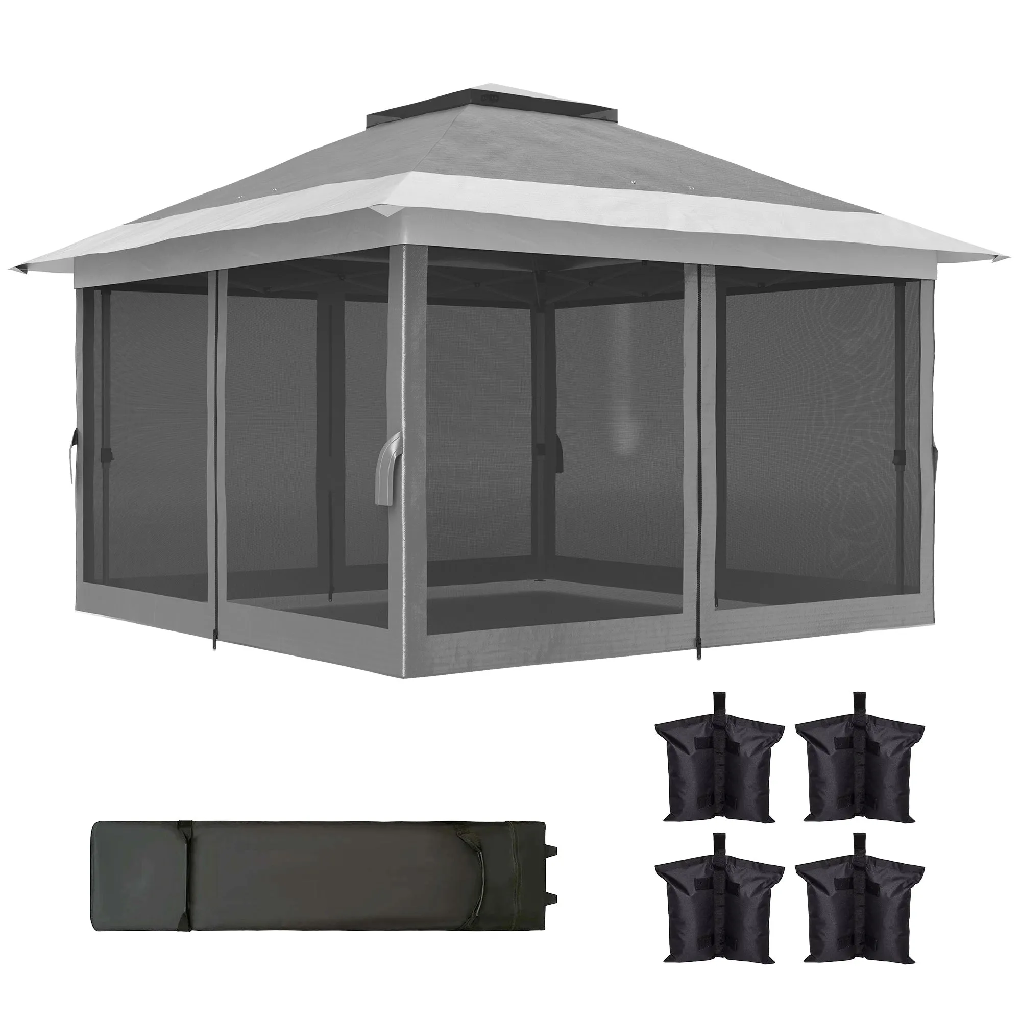 11.7' x 11.7' Pop-Up Canopy with Netting, UPF50  Shelter with Wheeled Carry Bag and Sand Bags