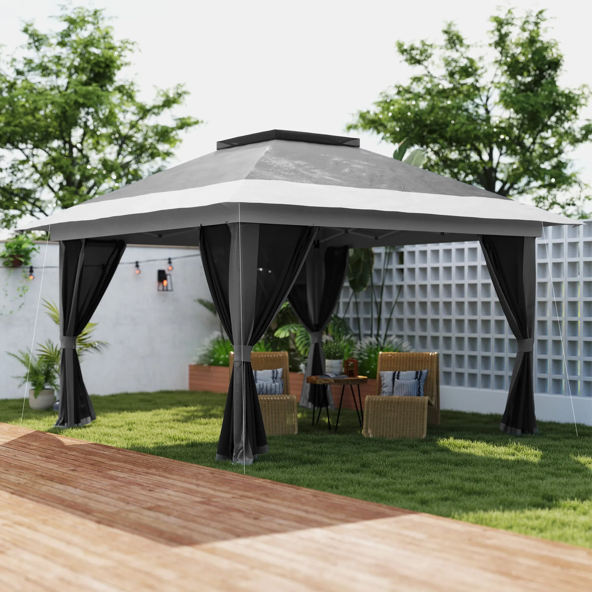 11.7' x 11.7' Pop-Up Canopy with Netting, UPF50  Shelter with Wheeled Carry Bag and Sand Bags