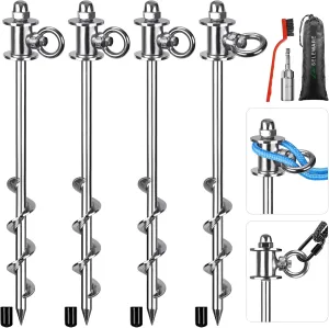 12‘’ Long Heavy Duty Ground Anchors Broad Helix Tent Stakes for Trampoline Camping Swing Set Shed Canopy Securing Animals Bounce House Free Swivel Anchor Design 4 Pcs