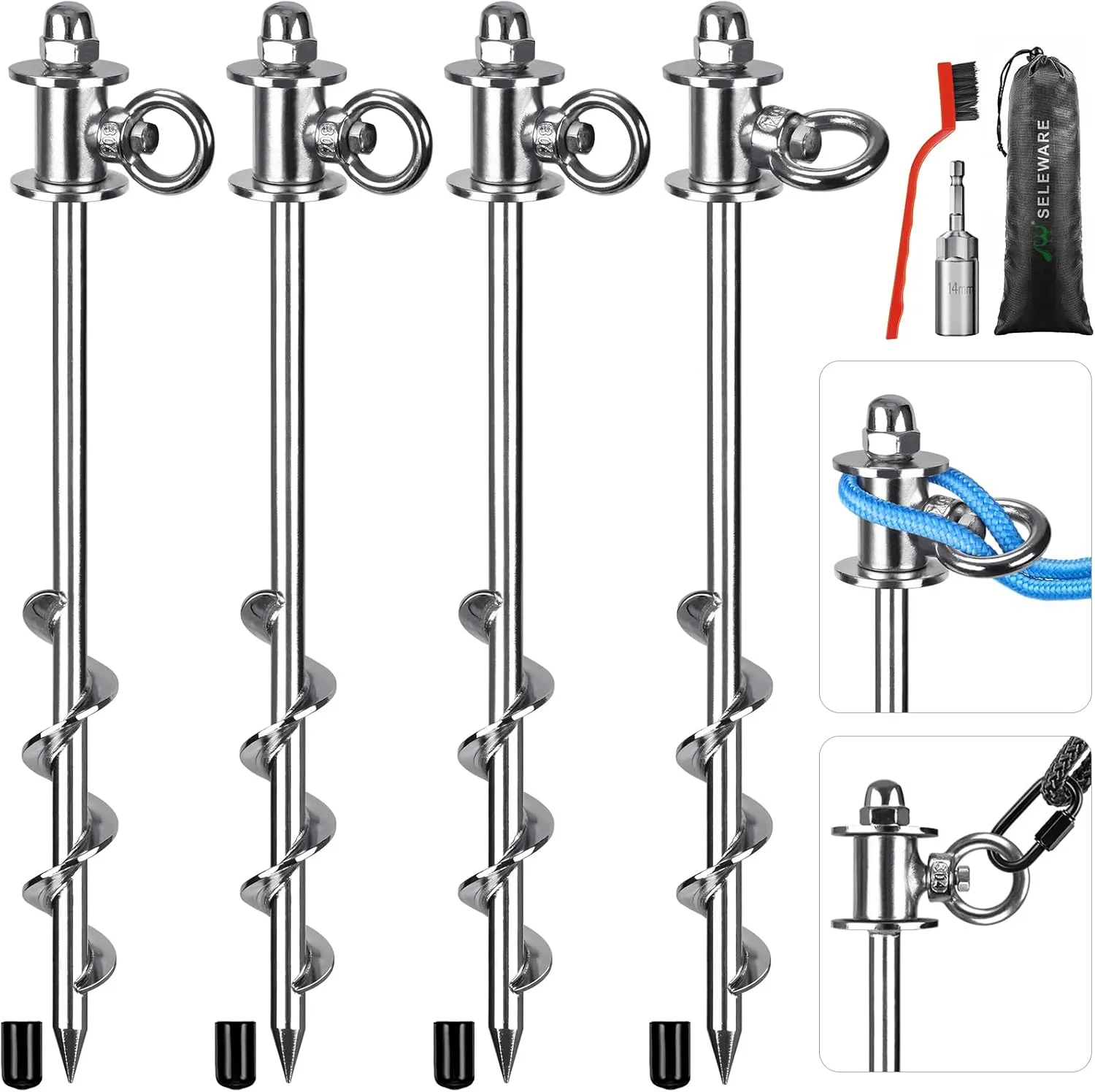 12‘’ Long Heavy Duty Ground Anchors Broad Helix Tent Stakes for Trampoline Camping Swing Set Shed Canopy Securing Animals Bounce House Free Swivel Anchor Design 4 Pcs