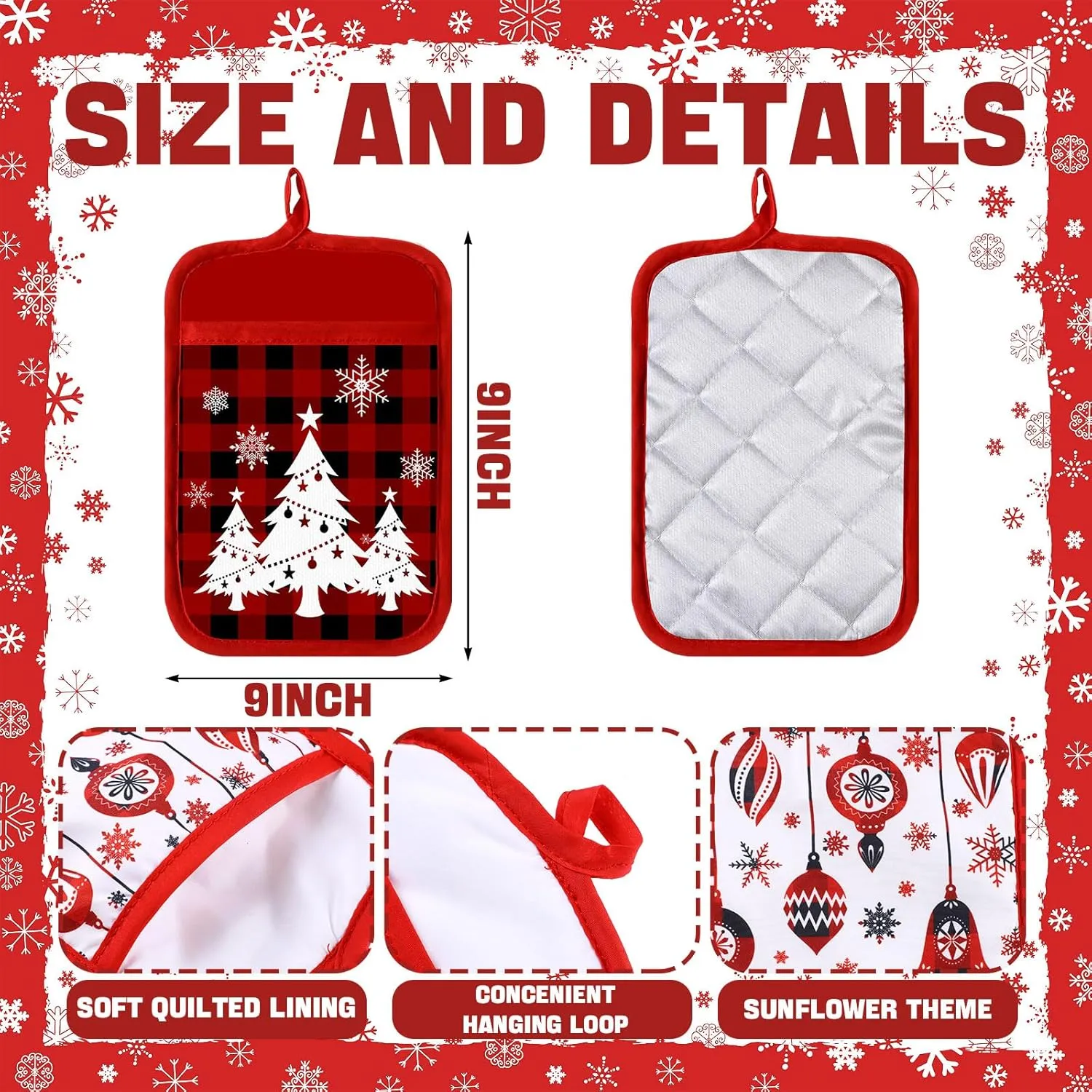 12 Pcs Christmas Pot Holders with Pocket Xmas Buffalo Plaid Pot Holders for Kitchen Winter Hot Pads Oven Mitt Cookie Bag Heat Resistant Farmhouse Oven Glove for Christmas Baking Cooking Gift