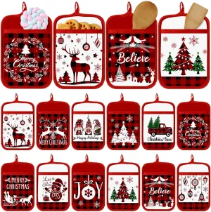 12 Pcs Christmas Pot Holders with Pocket Xmas Buffalo Plaid Pot Holders for Kitchen Winter Hot Pads Oven Mitt Cookie Bag Heat Resistant Farmhouse Oven Glove for Christmas Baking Cooking Gift