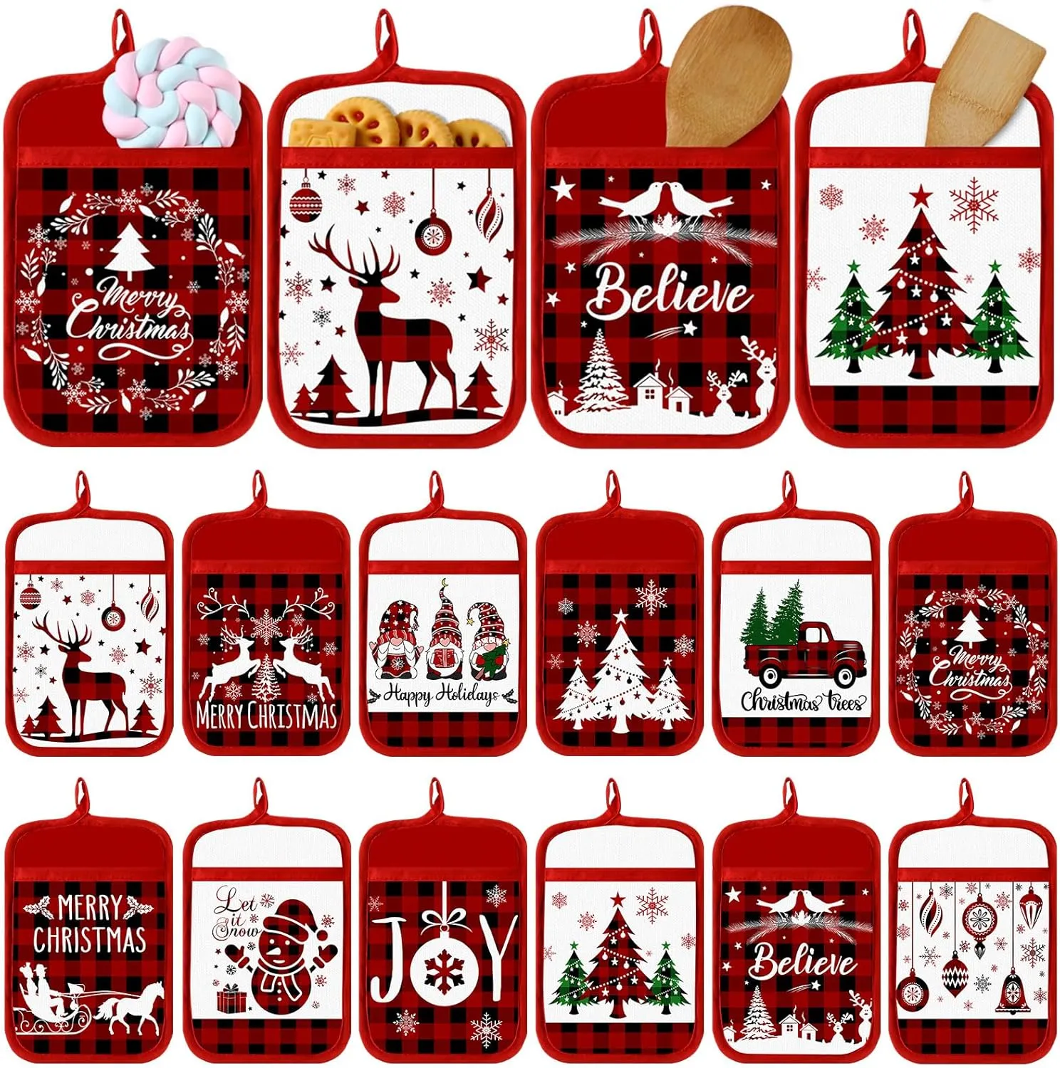 12 Pcs Christmas Pot Holders with Pocket Xmas Buffalo Plaid Pot Holders for Kitchen Winter Hot Pads Oven Mitt Cookie Bag Heat Resistant Farmhouse Oven Glove for Christmas Baking Cooking Gift