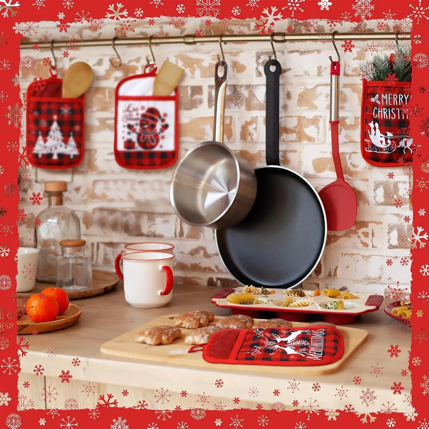 12 Pcs Christmas Pot Holders with Pocket Xmas Buffalo Plaid Pot Holders for Kitchen Winter Hot Pads Oven Mitt Cookie Bag Heat Resistant Farmhouse Oven Glove for Christmas Baking Cooking Gift