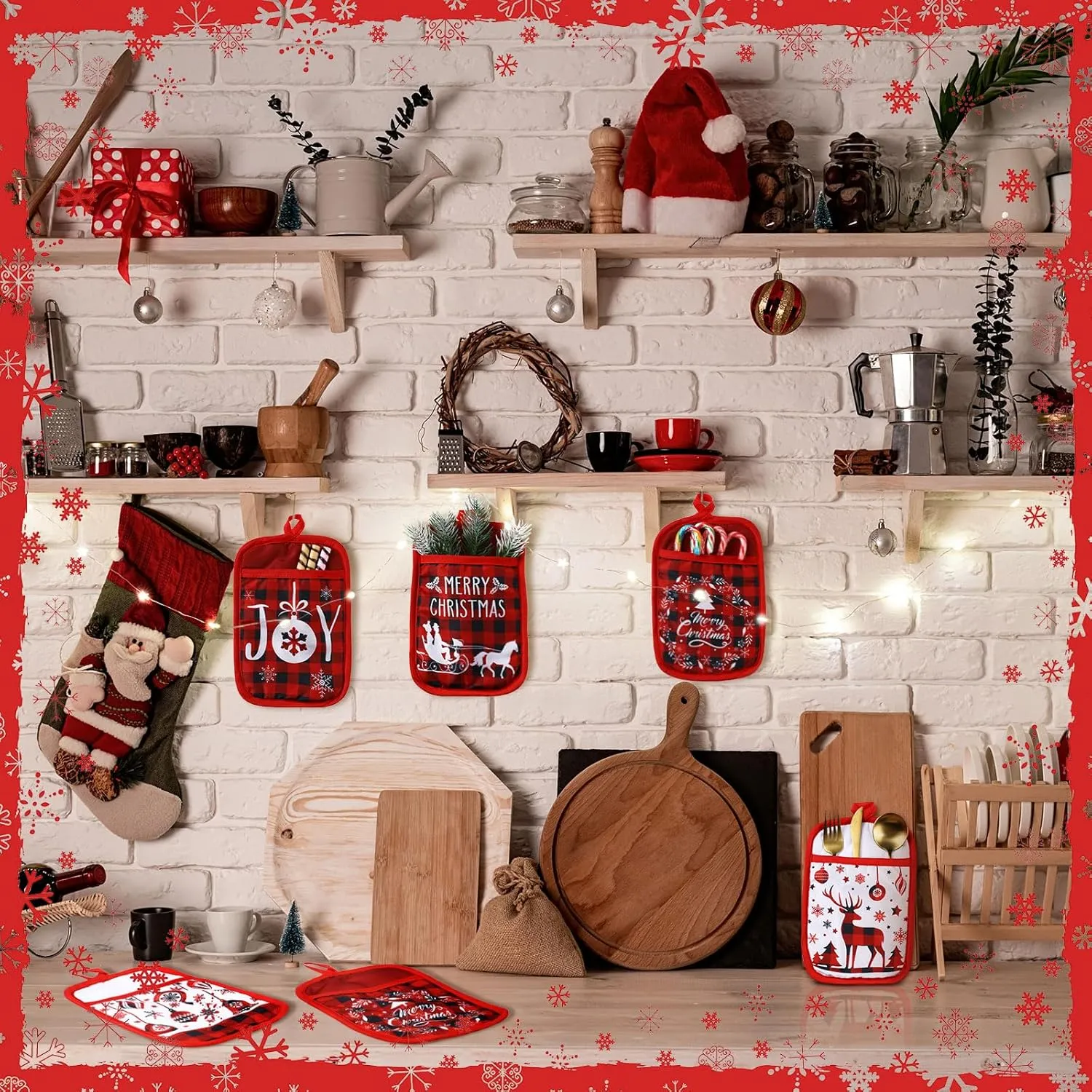 12 Pcs Christmas Pot Holders with Pocket Xmas Buffalo Plaid Pot Holders for Kitchen Winter Hot Pads Oven Mitt Cookie Bag Heat Resistant Farmhouse Oven Glove for Christmas Baking Cooking Gift