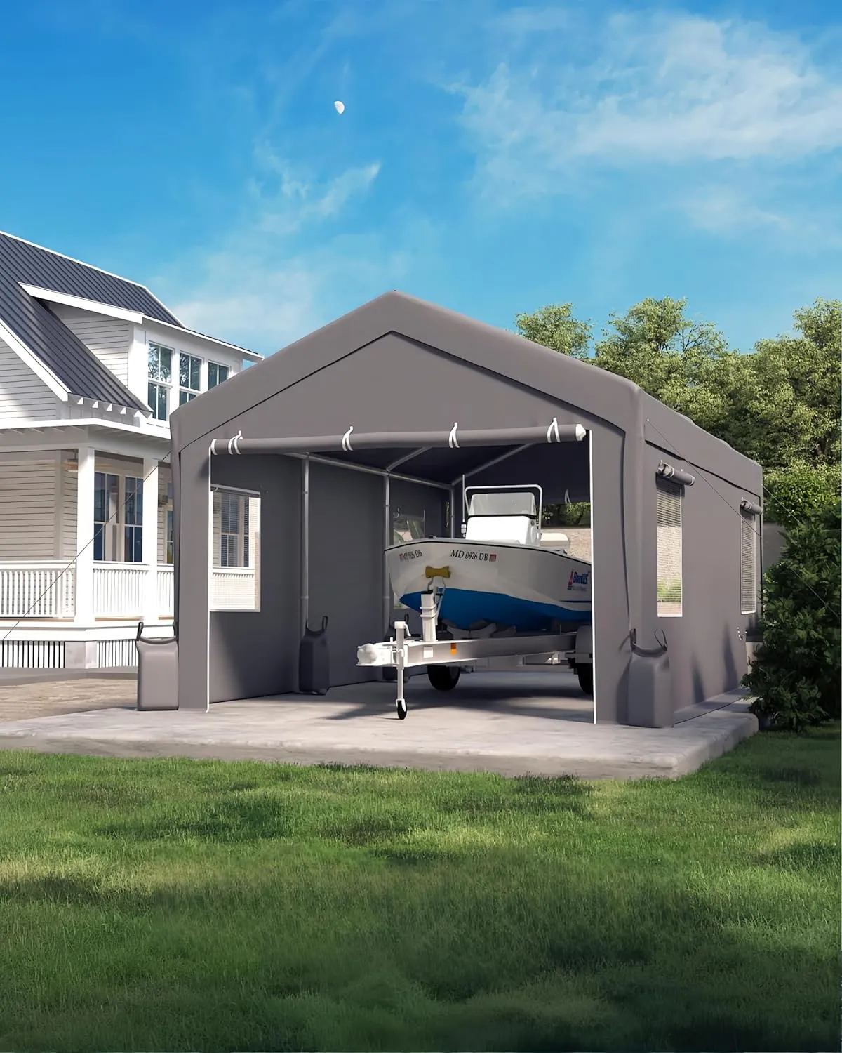 12'x20'x11' Heavy-Duty Portable Garage with Canopy Top, Front and Back Doors, Roll-Up Windows, Carport Shelter Reinforced Structure for Cars, Trucks, Boats, and Parties - Gray
