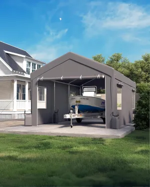 12'x20'x11' Heavy-Duty Portable Garage with Canopy Top, Front and Back Doors, Roll-Up Windows, Carport Shelter Reinforced Structure for Cars, Trucks, Boats, and Parties - Gray