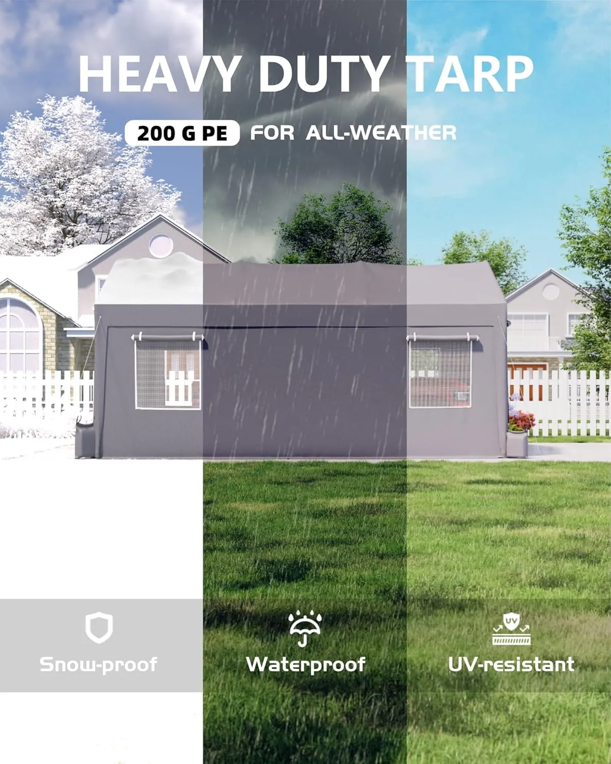 12'x20'x11' Heavy-Duty Portable Garage with Canopy Top, Front and Back Doors, Roll-Up Windows, Carport Shelter Reinforced Structure for Cars, Trucks, Boats, and Parties - Gray