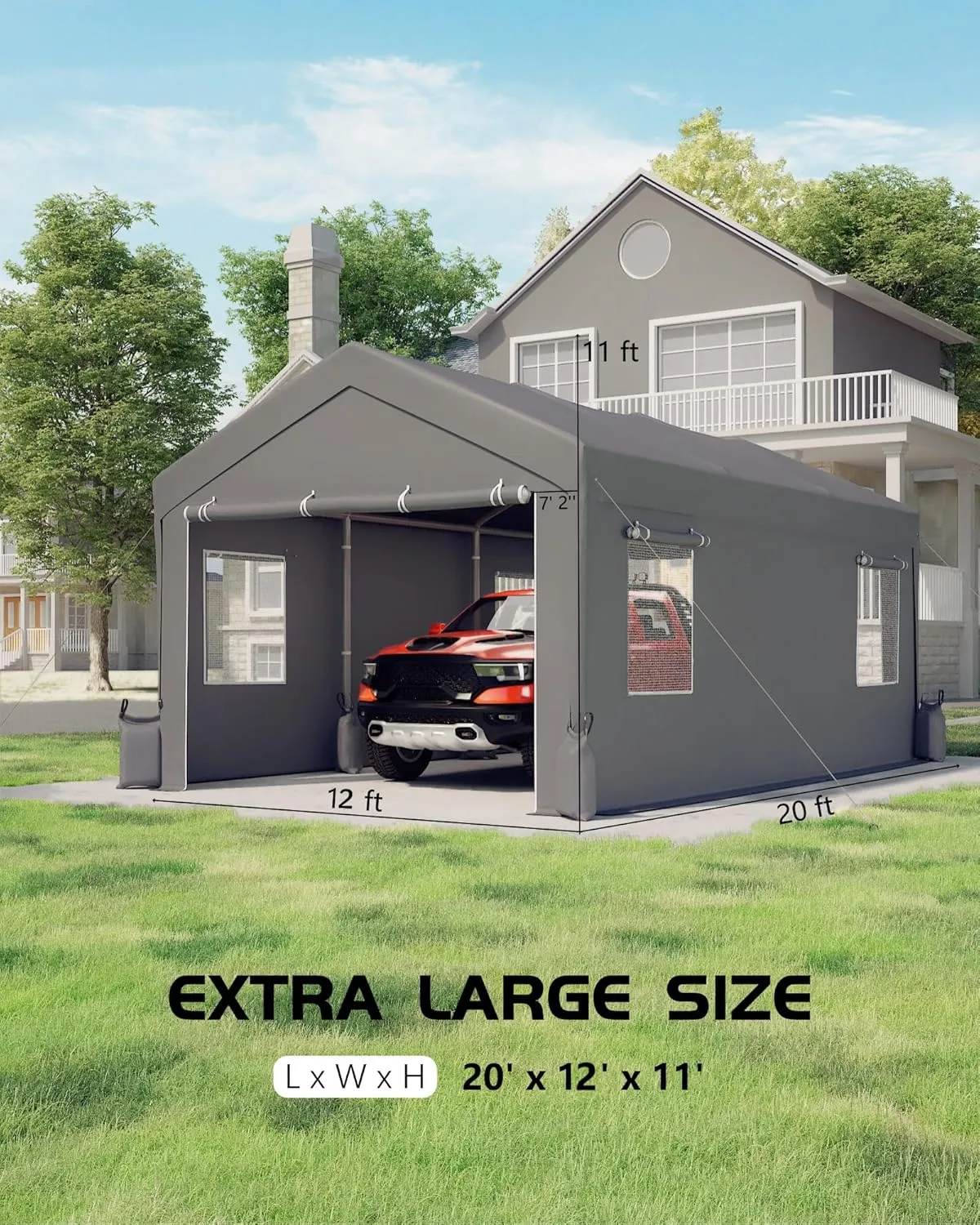 12'x20'x11' Heavy-Duty Portable Garage with Canopy Top, Front and Back Doors, Roll-Up Windows, Carport Shelter Reinforced Structure for Cars, Trucks, Boats, and Parties - Gray