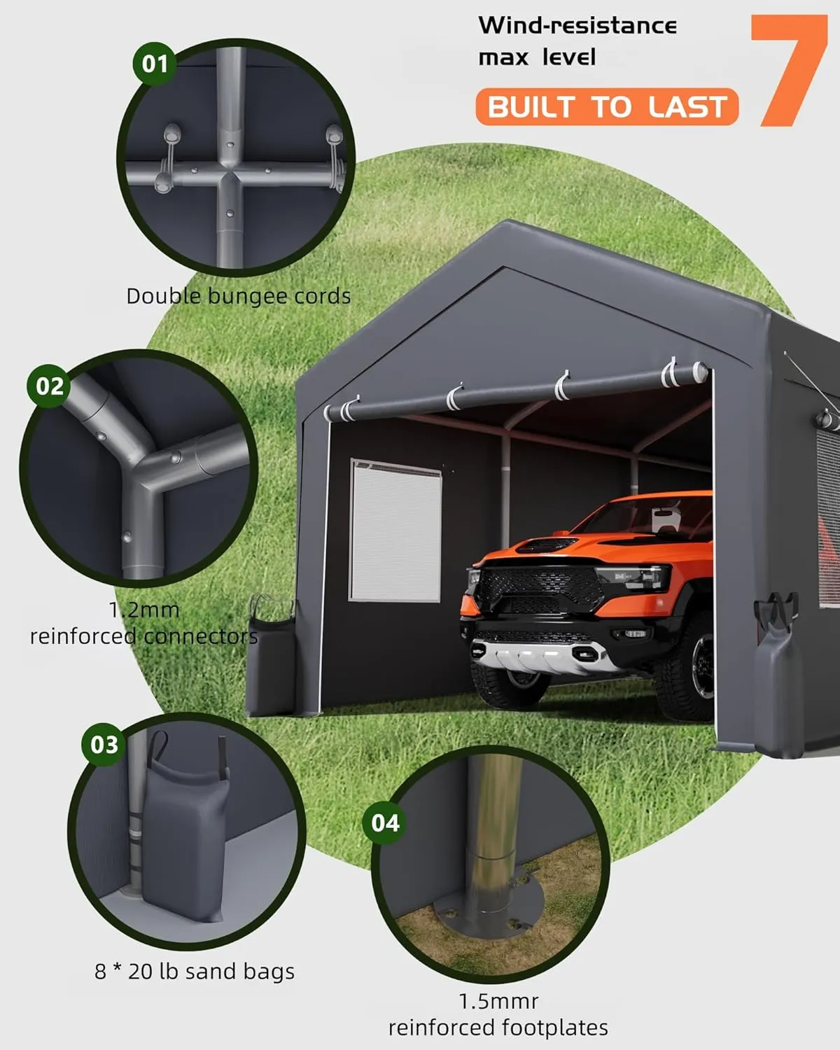 12'x20'x11' Heavy-Duty Portable Garage with Canopy Top, Front and Back Doors, Roll-Up Windows, Carport Shelter Reinforced Structure for Cars, Trucks, Boats, and Parties - Gray