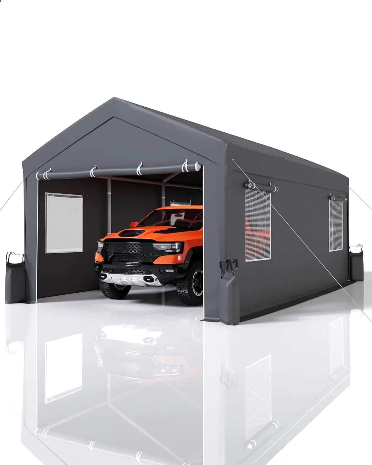 12'x20'x11' Heavy-Duty Portable Garage with Canopy Top, Front and Back Doors, Roll-Up Windows, Carport Shelter Reinforced Structure for Cars, Trucks, Boats, and Parties - Gray