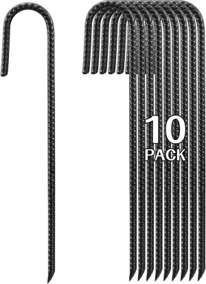 16 Inch Rebar Stakes Heavy Duty, 10 Pack J-Shaped Tent Stakes, Ground Anchor Stakes for Landscaping Plants Fabric Tube Fence, Black