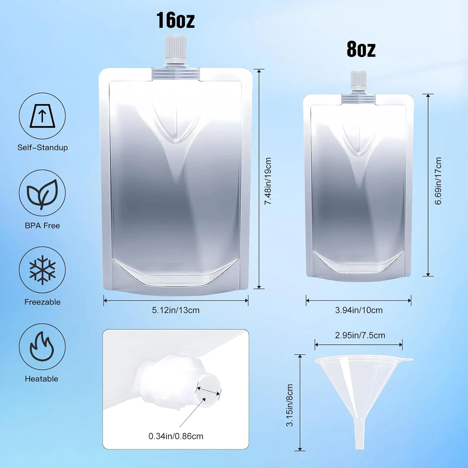16OZ 100PCS Drink Bags, Reusable Spout Pouches with Funnel for Drinking Liquid Beverage Juice, Plastic Flasks for Travel Camping Outdoor Sport Concert Events Runner,Leak-Proof Food Grade