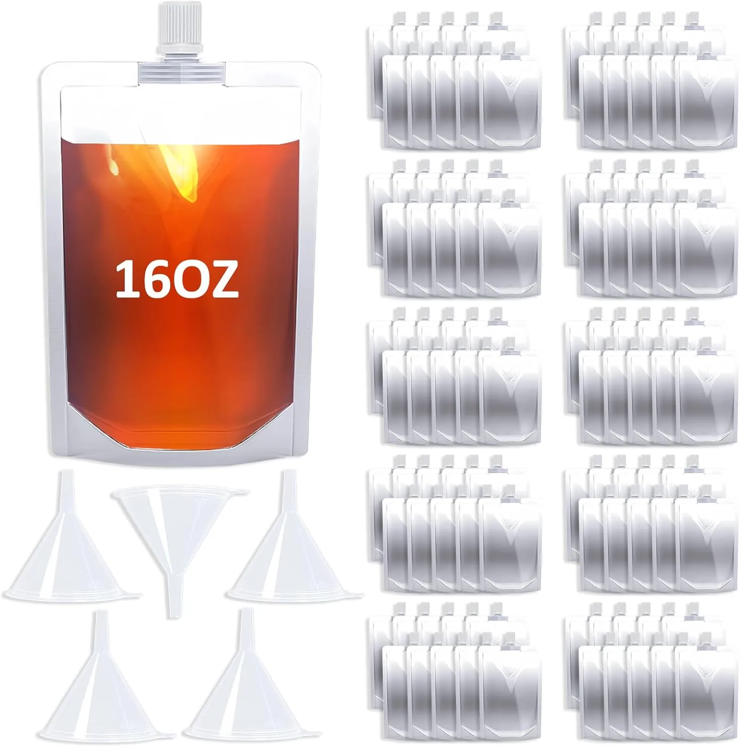 16OZ 100PCS Drink Bags, Reusable Spout Pouches with Funnel for Drinking Liquid Beverage Juice, Plastic Flasks for Travel Camping Outdoor Sport Concert Events Runner,Leak-Proof Food Grade