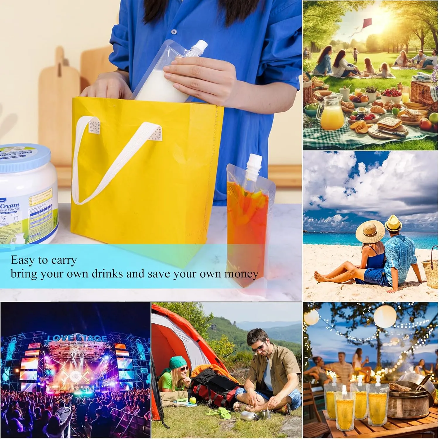 16OZ 100PCS Drink Bags, Reusable Spout Pouches with Funnel for Drinking Liquid Beverage Juice, Plastic Flasks for Travel Camping Outdoor Sport Concert Events Runner,Leak-Proof Food Grade