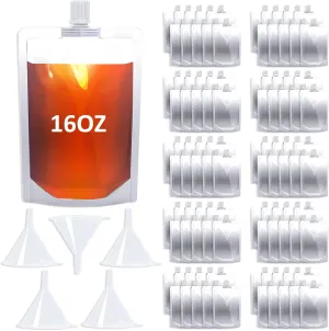 16OZ 100PCS Drink Bags, Reusable Spout Pouches with Funnel for Drinking Liquid Beverage Juice, Plastic Flasks for Travel Camping Outdoor Sport Concert Events Runner,Leak-Proof Food Grade