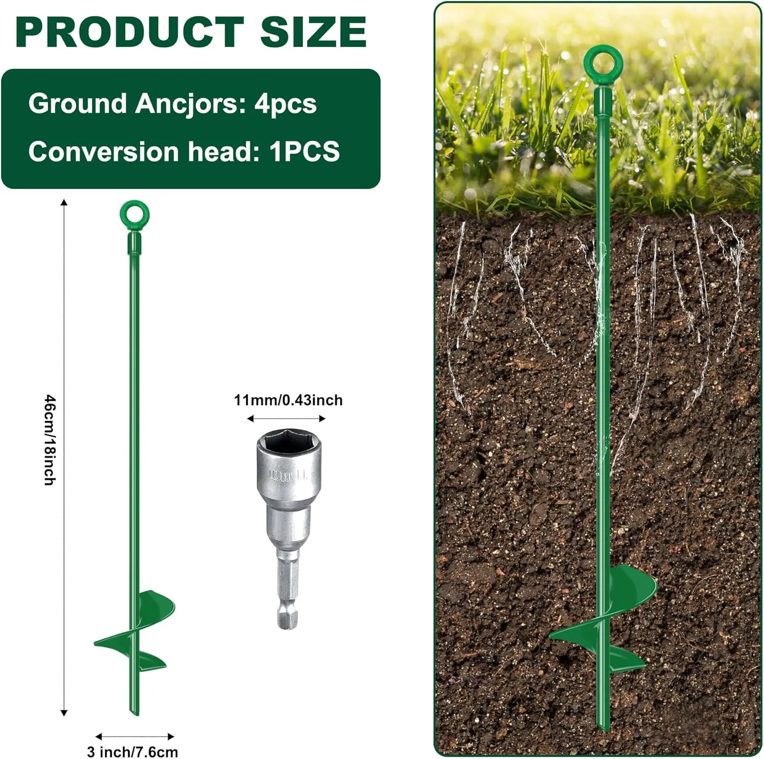 18'' Ground Anchors for High Wind,Heavy Duty Metal Hurricane Ground Stakes Anchors ，Screw in Trampoline Anchors for Swing Set，Camping Tent,Car Ports,Canopy,Sand Tent,Gazebo,Dog