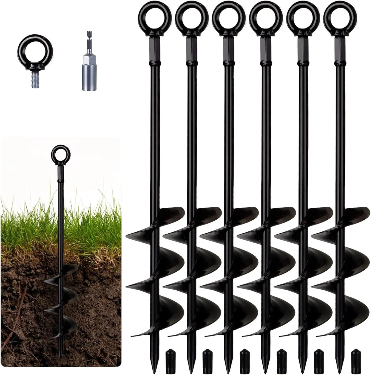 18’’ Heavy Duty Ground Anchors, Mental Fully Welded Earth Anchors Kit, Shed Anchor, Trampoline Stakes for Drill, Tent Stakes for Camping and Swing, Screw in, Pack of 6