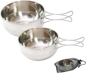 1set Foldable Handle Stainless Steel Camping Bowl Multi-use Picnic and Barbecue Dish for Outdoor Cooking Includes Large and Small Bowls with Mesh Storage Bag