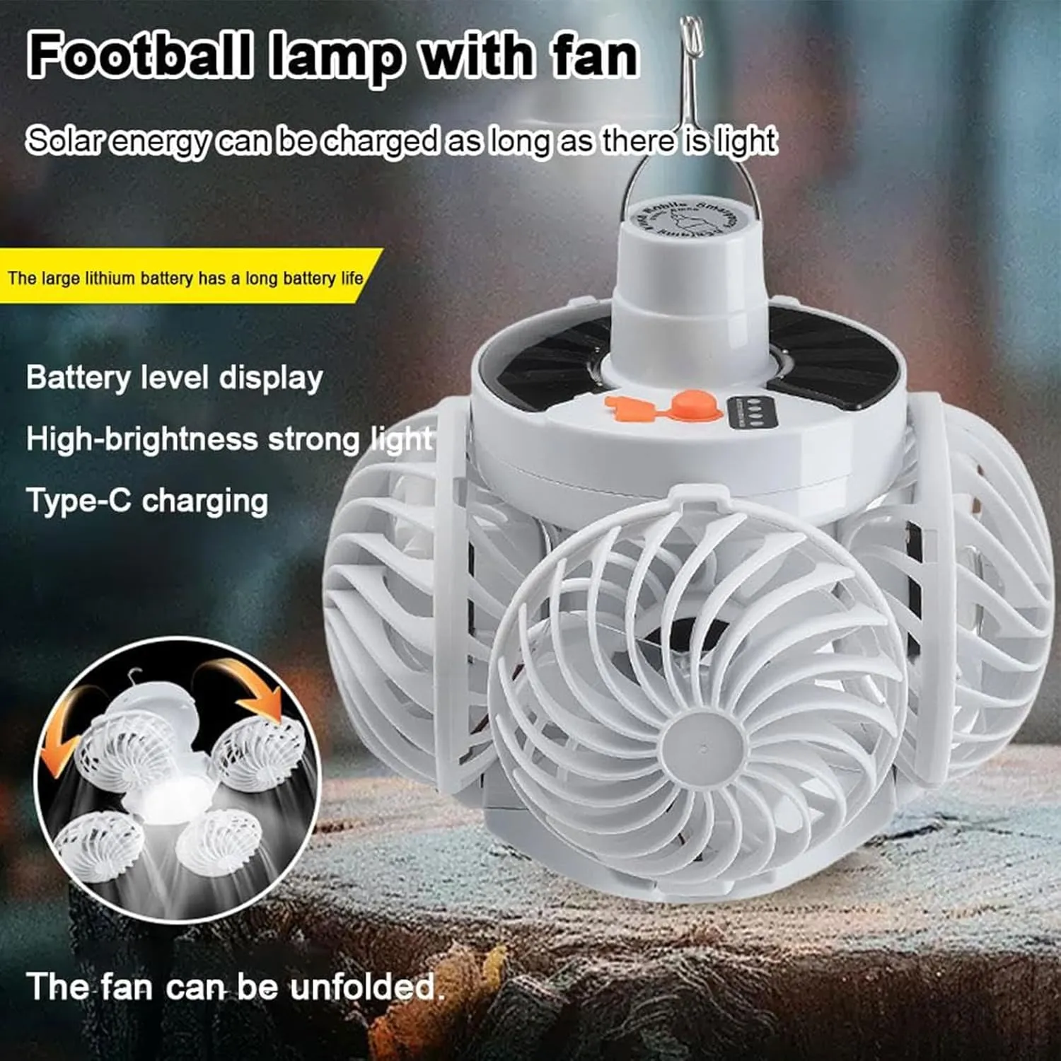 2 in 1 Folding Solar Lamp Portable Football Camping Lights Hanging Fan with LED Lantern 3 Speed Adjustament Light Tent Hanging Flashlight for Bedroom Kitchen Loft (2)