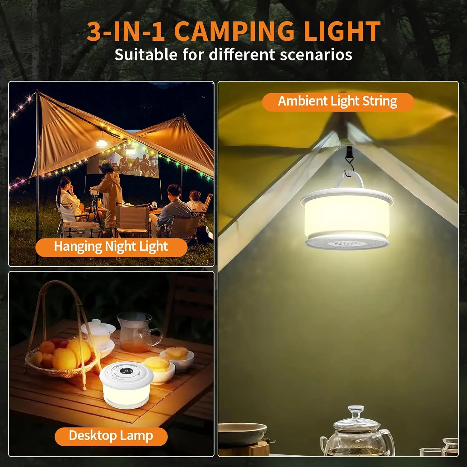 2-Pack Camping String Lights, 3 in 1 Upgraded Retractable RGB Outdoor String Lights with 19 Lighting Modes, Quick 30s Recovery, 32.8 FT Portable Tent Light, Rechargeable Camping Lantern (White)