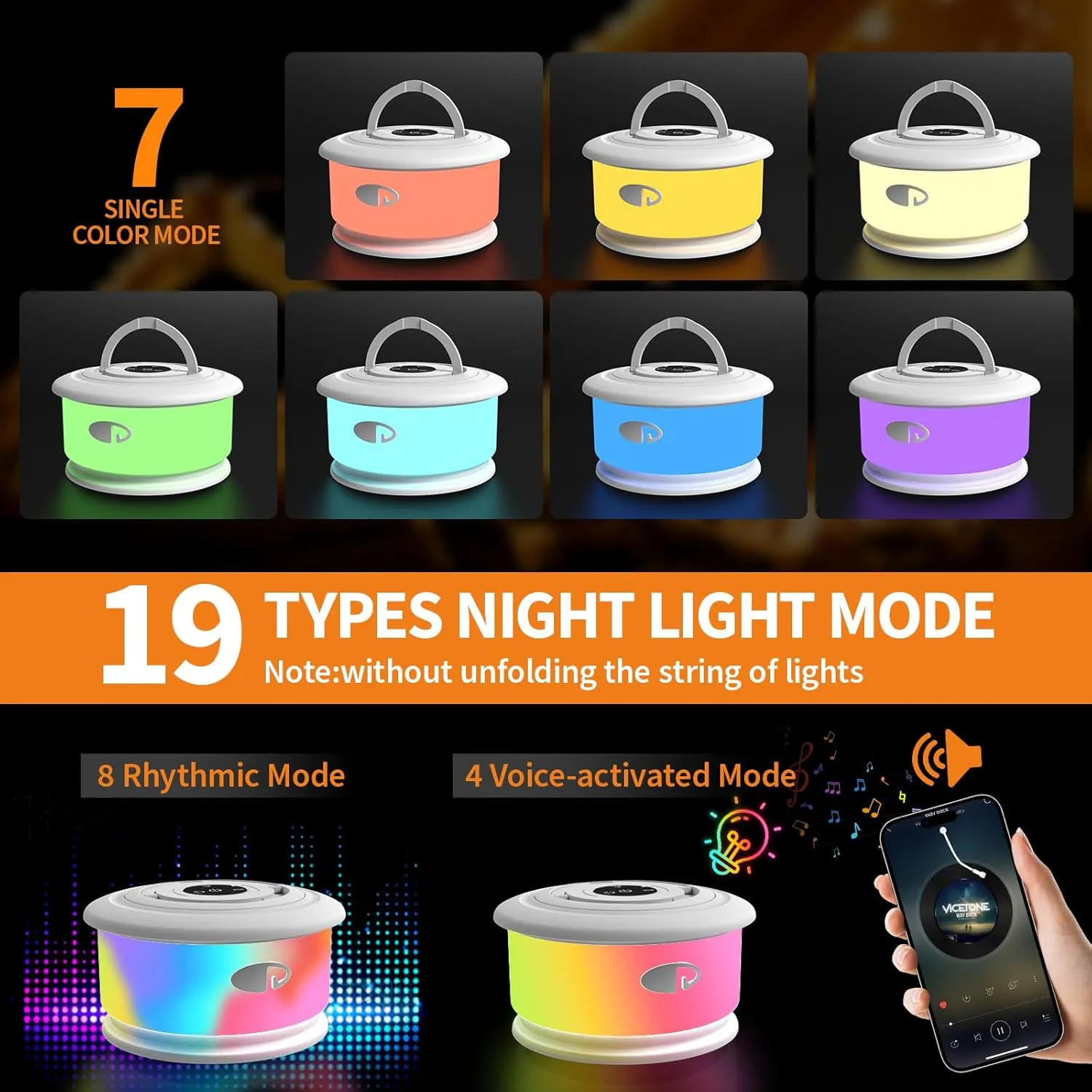 2-Pack Camping String Lights, 3 in 1 Upgraded Retractable RGB Outdoor String Lights with 19 Lighting Modes, Quick 30s Recovery, 32.8 FT Portable Tent Light, Rechargeable Camping Lantern (White)