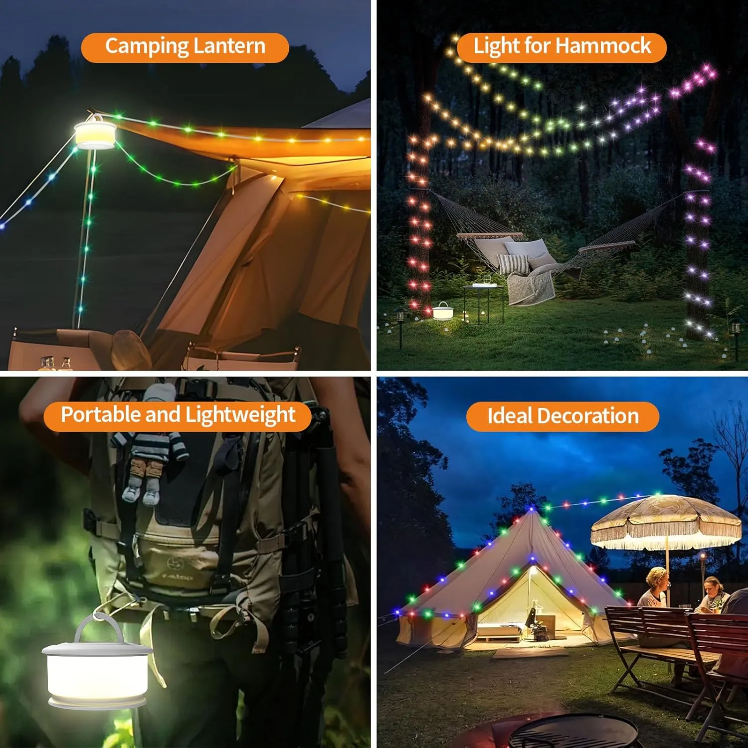 2-Pack Camping String Lights, 3 in 1 Upgraded Retractable RGB Outdoor String Lights with 19 Lighting Modes, Quick 30s Recovery, 32.8 FT Portable Tent Light, Rechargeable Camping Lantern (White)