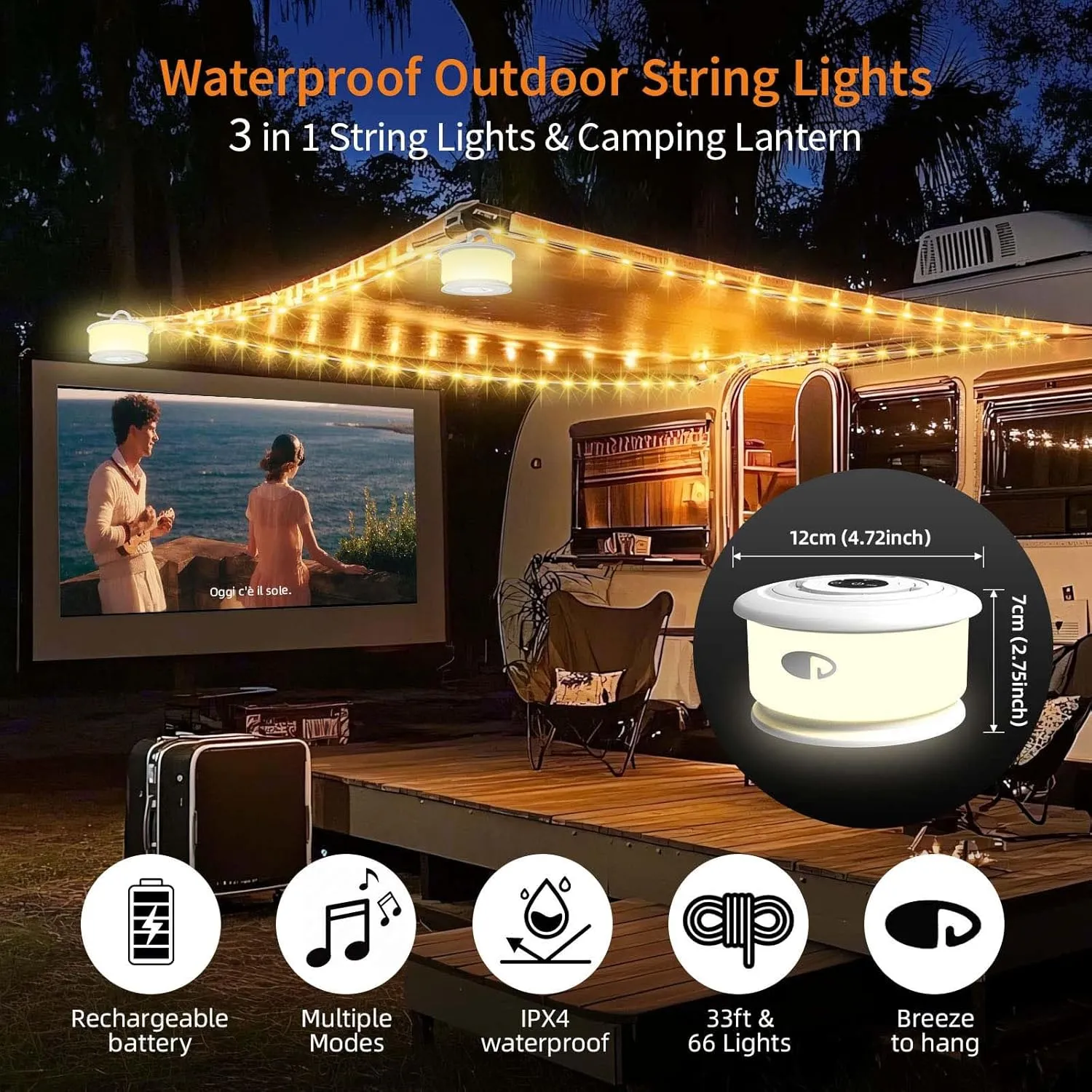 2-Pack Camping String Lights, 3 in 1 Upgraded Retractable RGB Outdoor String Lights with 19 Lighting Modes, Quick 30s Recovery, 32.8 FT Portable Tent Light, Rechargeable Camping Lantern (White)
