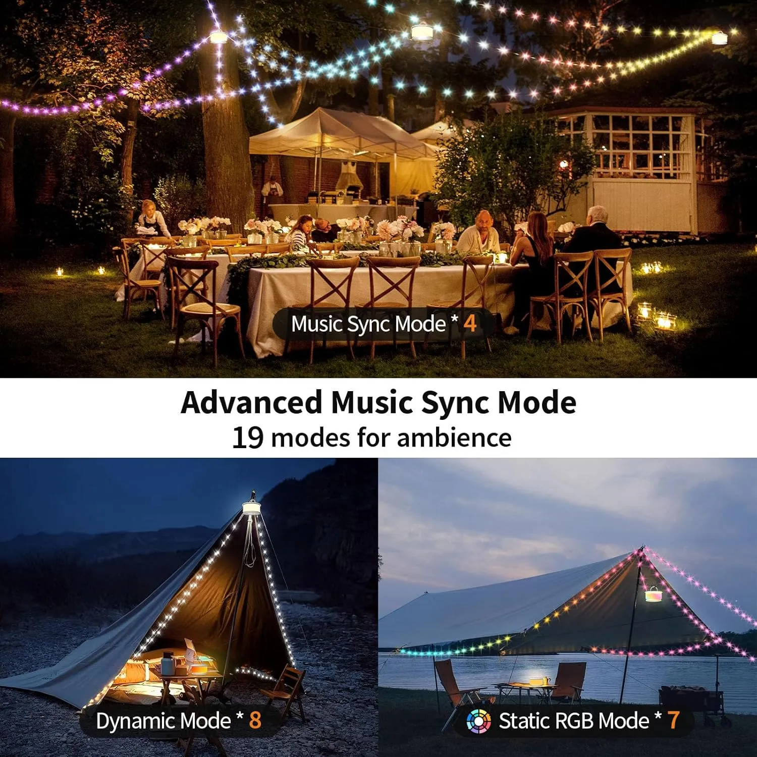 2-Pack Camping String Lights, 3 in 1 Upgraded Retractable RGB Outdoor String Lights with 19 Lighting Modes, Quick 30s Recovery, 32.8 FT Portable Tent Light, Rechargeable Camping Lantern (White)
