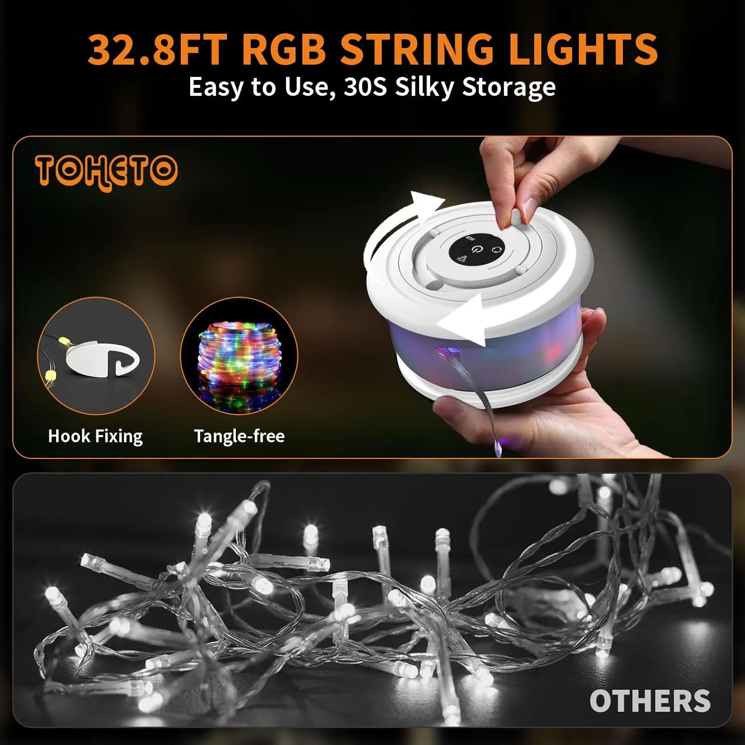 2-Pack Camping String Lights, 3 in 1 Upgraded Retractable RGB Outdoor String Lights with 19 Lighting Modes, Quick 30s Recovery, 32.8 FT Portable Tent Light, Rechargeable Camping Lantern (White)