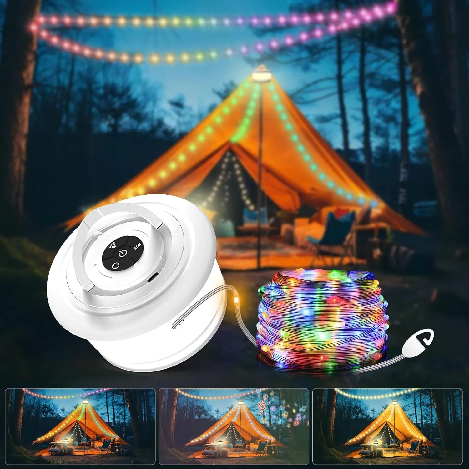 2-Pack Camping String Lights, 3 in 1 Upgraded Retractable RGB Outdoor String Lights with 19 Lighting Modes, Quick 30s Recovery, 32.8 FT Portable Tent Light, Rechargeable Camping Lantern (White)