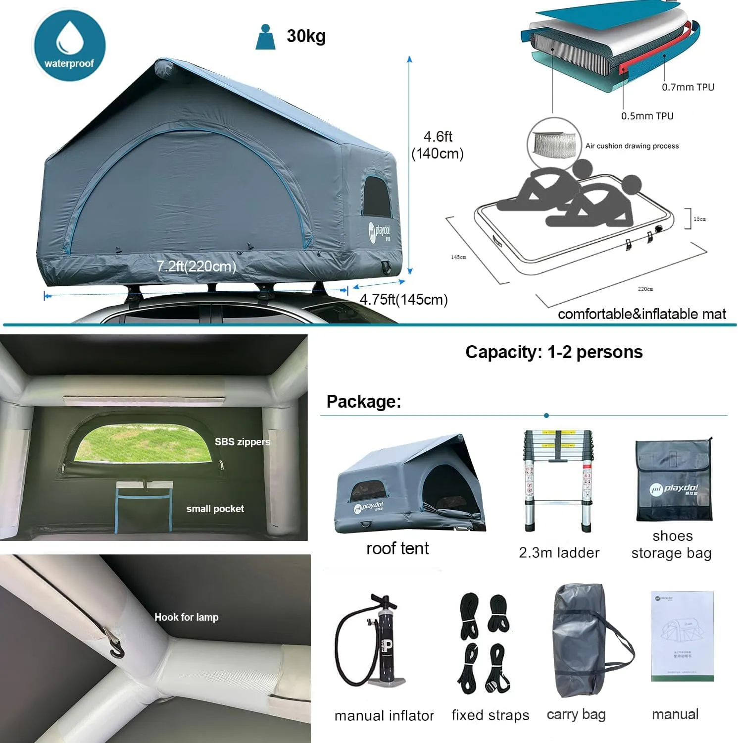 2 Person Inflatable Car Roof Top Tents with Pump and Awning,4 Season Waterproof and Sun Resitant Camping Dome Roof Top Tent Camping Tent for SUV, Truck and Universal Car,Easy Setup
