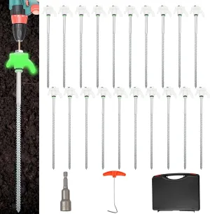 20 Pack 10" Screw in Tent Stakes Heavy Duty, Glow in The Dark Metal Stakes with Hex Head Driver, Ground Anchors for Camping, Patio, Awning, Canopy, and Windy Conditions