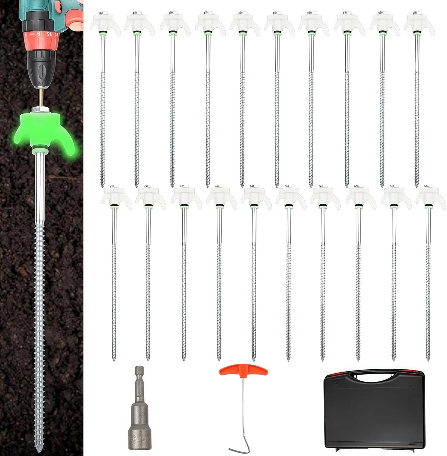 20 Pack 10" Screw in Tent Stakes Heavy Duty, Glow in The Dark Metal Stakes with Hex Head Driver, Ground Anchors for Camping, Patio, Awning, Canopy, and Windy Conditions