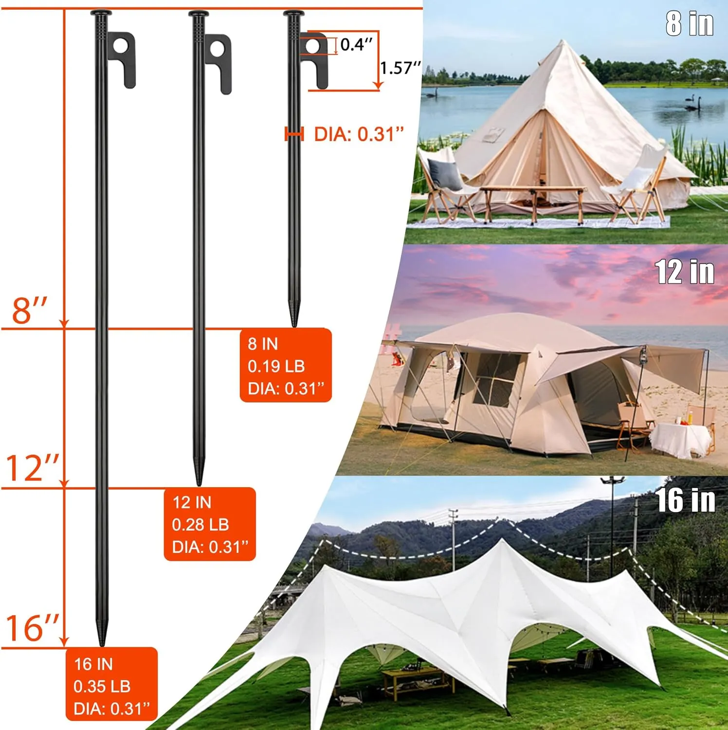 20 Pack 16 inch Tent Stakes Heavy Duty Metal Tent Pegs for Camping Steel Tent Pegs Unbreakable and Inflexible