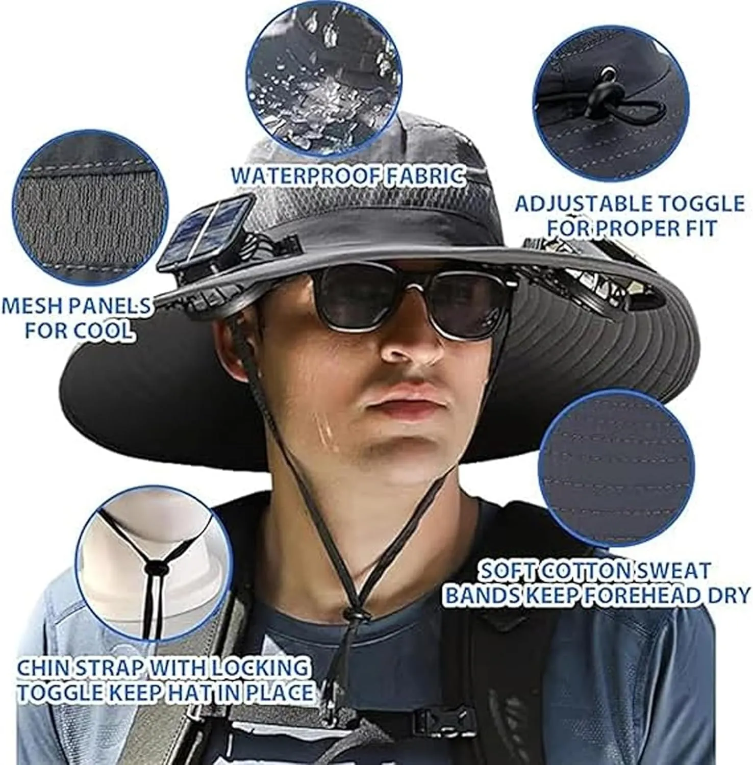 2025 New Ultralight Solar Fan Sun Hat, Wide Brim Solar Fan Hat USB Charging, for Men Fishing Camping UPF 50 